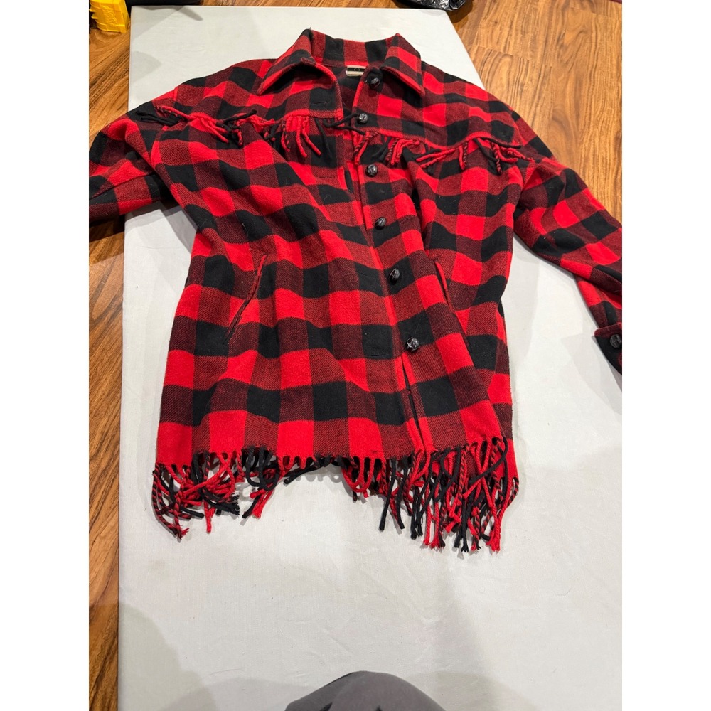 Western Womens Chaus Jeanswear Fringe Buffalo Plaid Shacket M Red Black